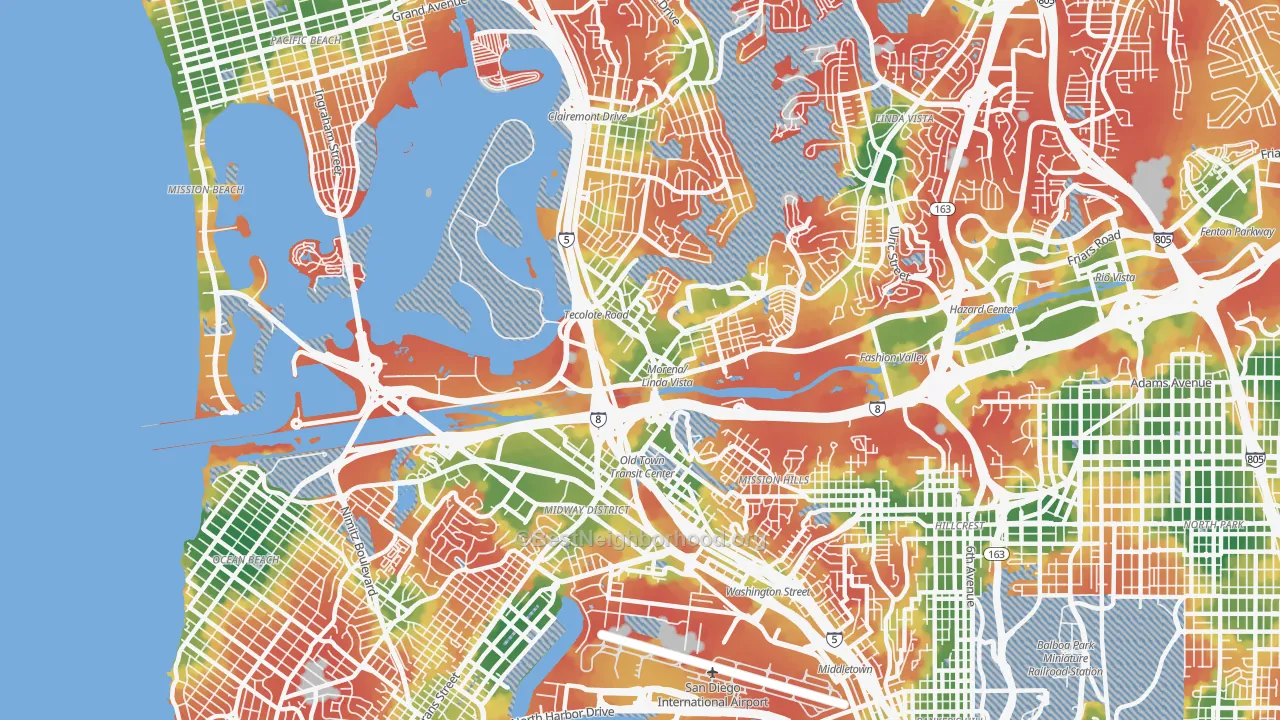 Walk Grade map of 92110, CA, walkable areas in green and car-dependent areas in red