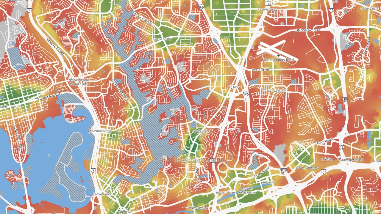 Walk Grade map of 92111, CA, walkable areas in green and car-dependent areas in red