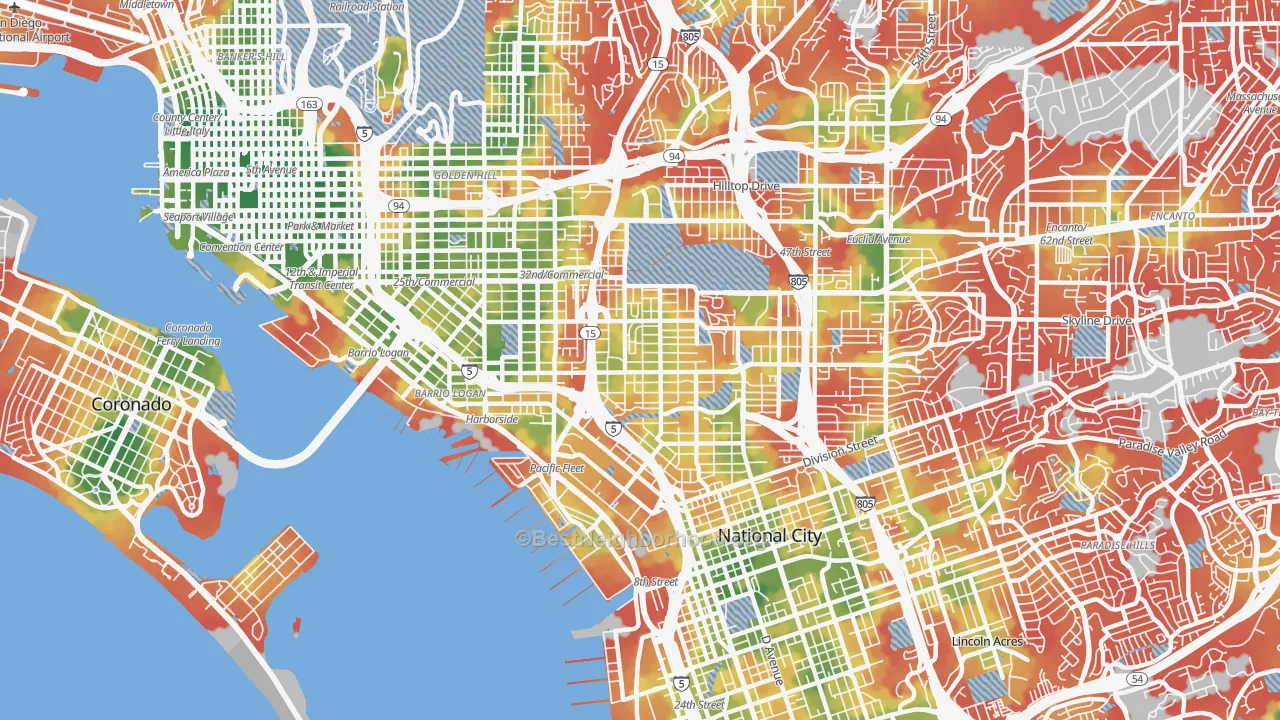 Walk Grade map of 92113, CA, walkable areas in green and car-dependent areas in red