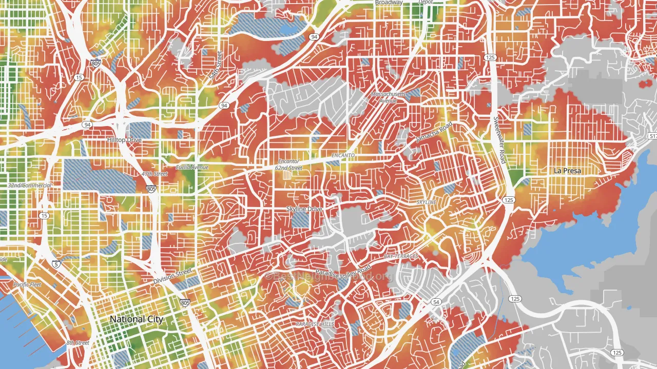 Walk Grade map of 92114, CA, walkable areas in green and car-dependent areas in red