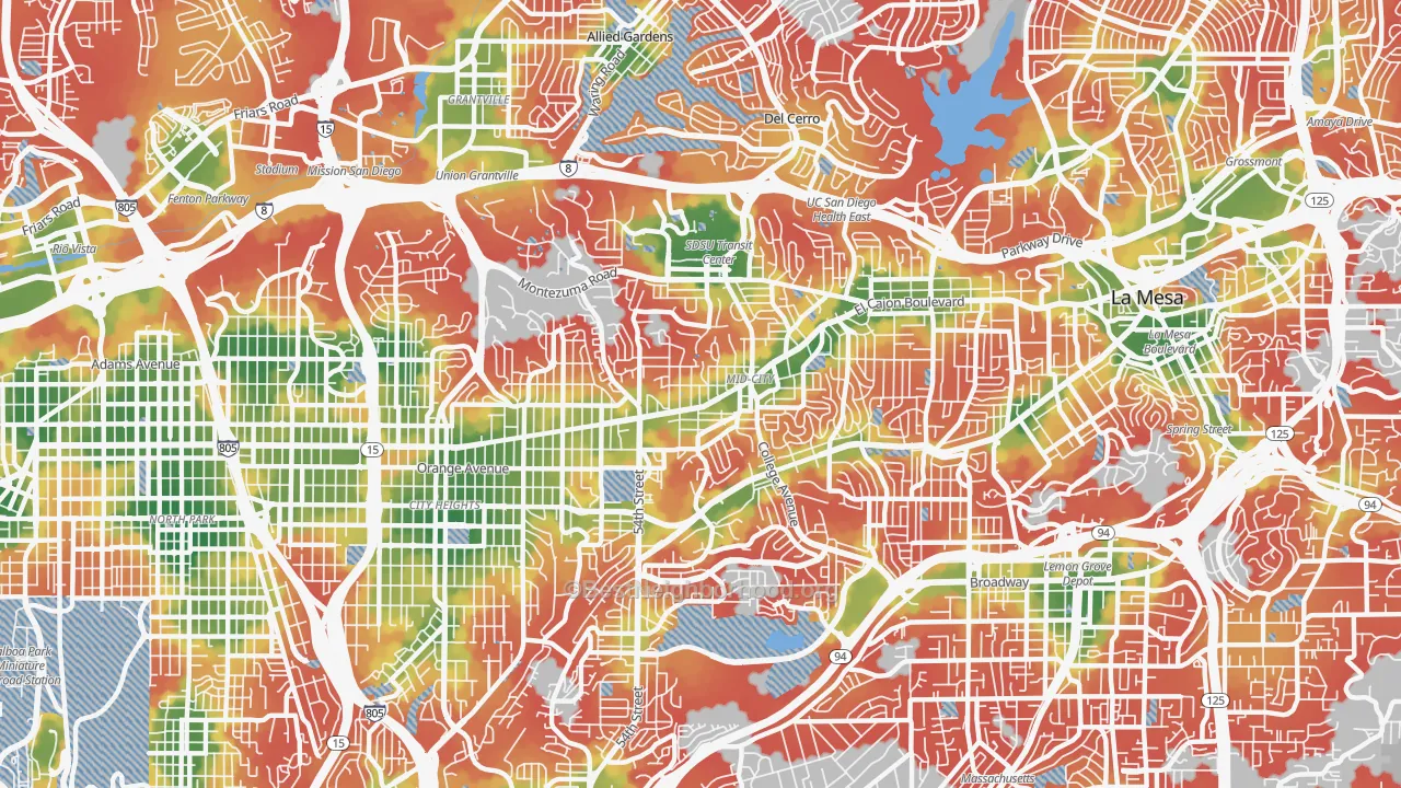 Walk Grade map of 92115, CA, walkable areas in green and car-dependent areas in red