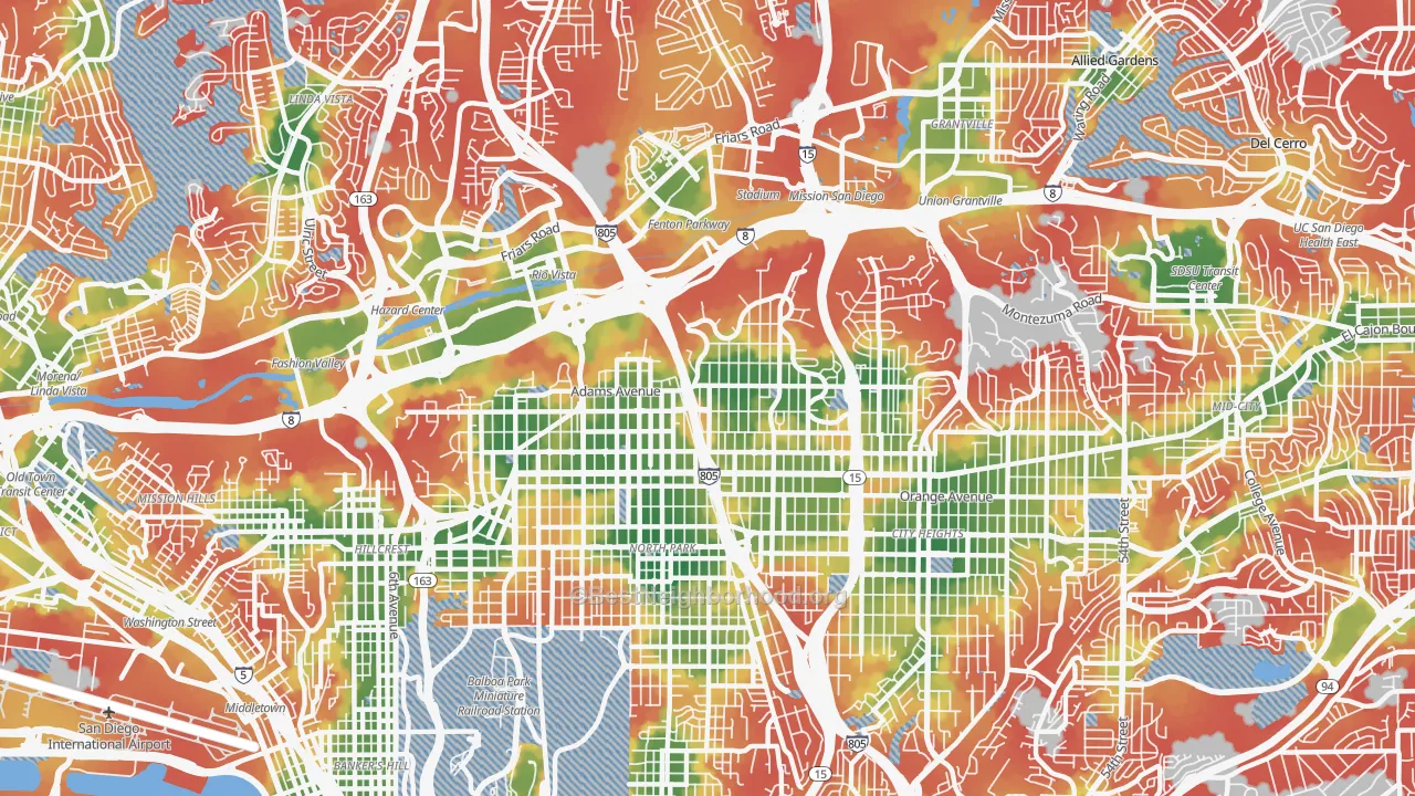 Walk Grade map of 92116, CA, walkable areas in green and car-dependent areas in red