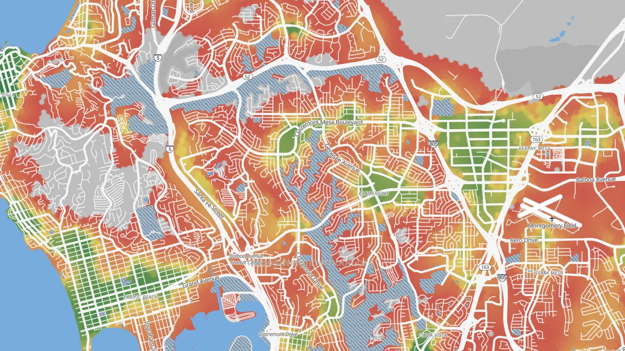 Walk Grade map of 92117, CA, walkable areas in green and car-dependent areas in red