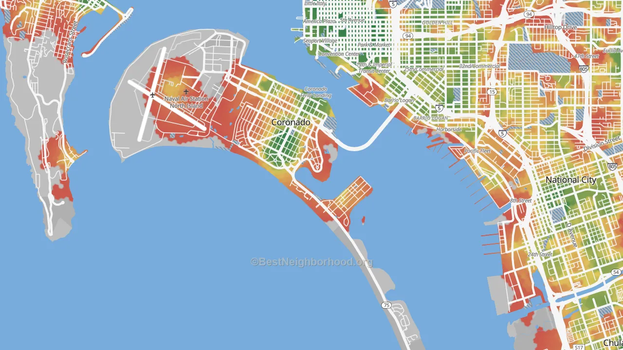 Walk Grade map of 92118, CA, walkable areas in green and car-dependent areas in red