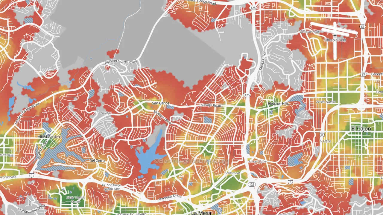 Walk Grade map of 92119, CA, walkable areas in green and car-dependent areas in red