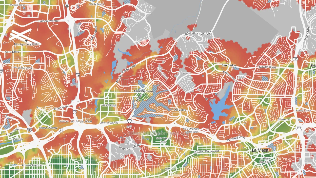 Walk Grade map of 92120, CA, walkable areas in green and car-dependent areas in red