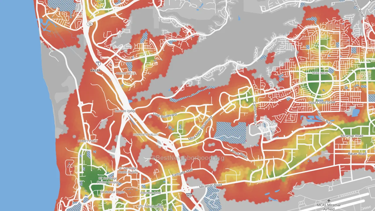 Walk Grade map of 92121, CA, walkable areas in green and car-dependent areas in red