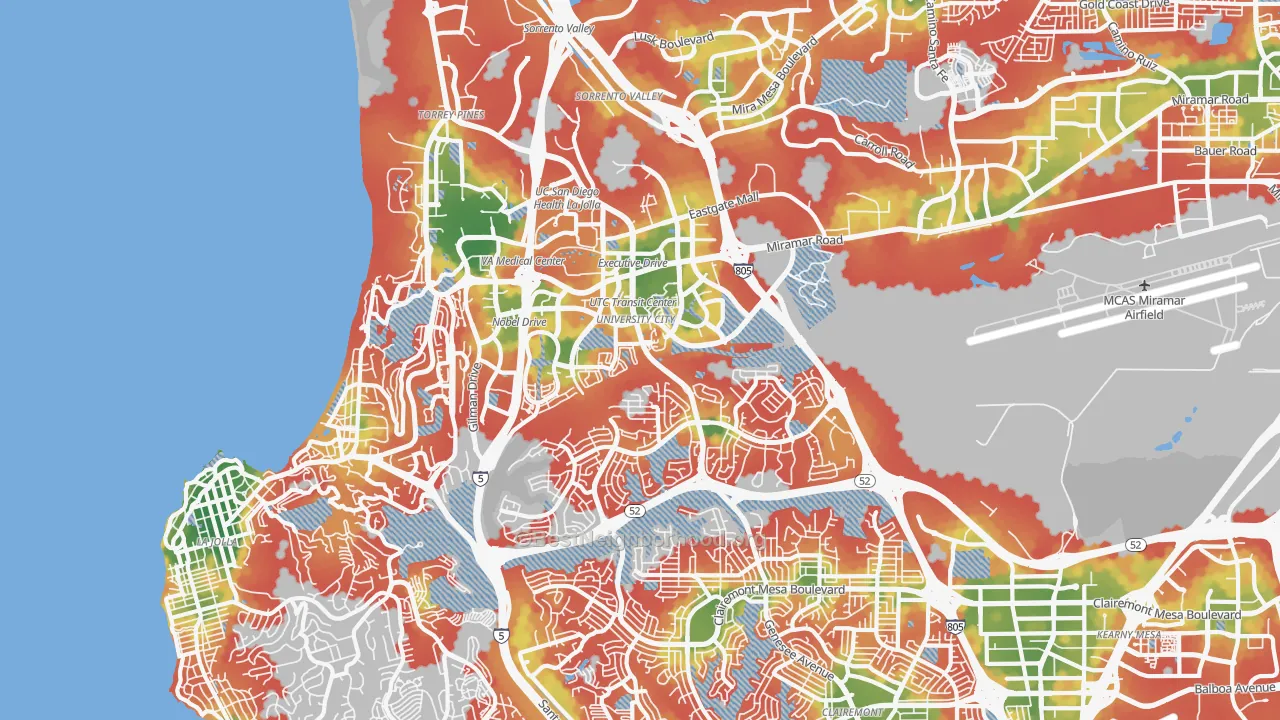 Walk Grade map of 92122, CA, walkable areas in green and car-dependent areas in red