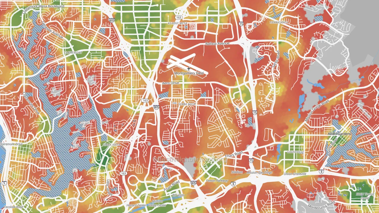 Walk Grade map of 92123, CA, walkable areas in green and car-dependent areas in red