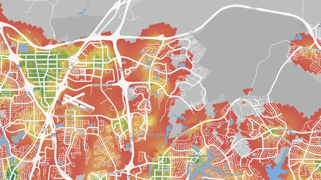 Walk Grade map of 92124, CA, walkable areas in green and car-dependent areas in red