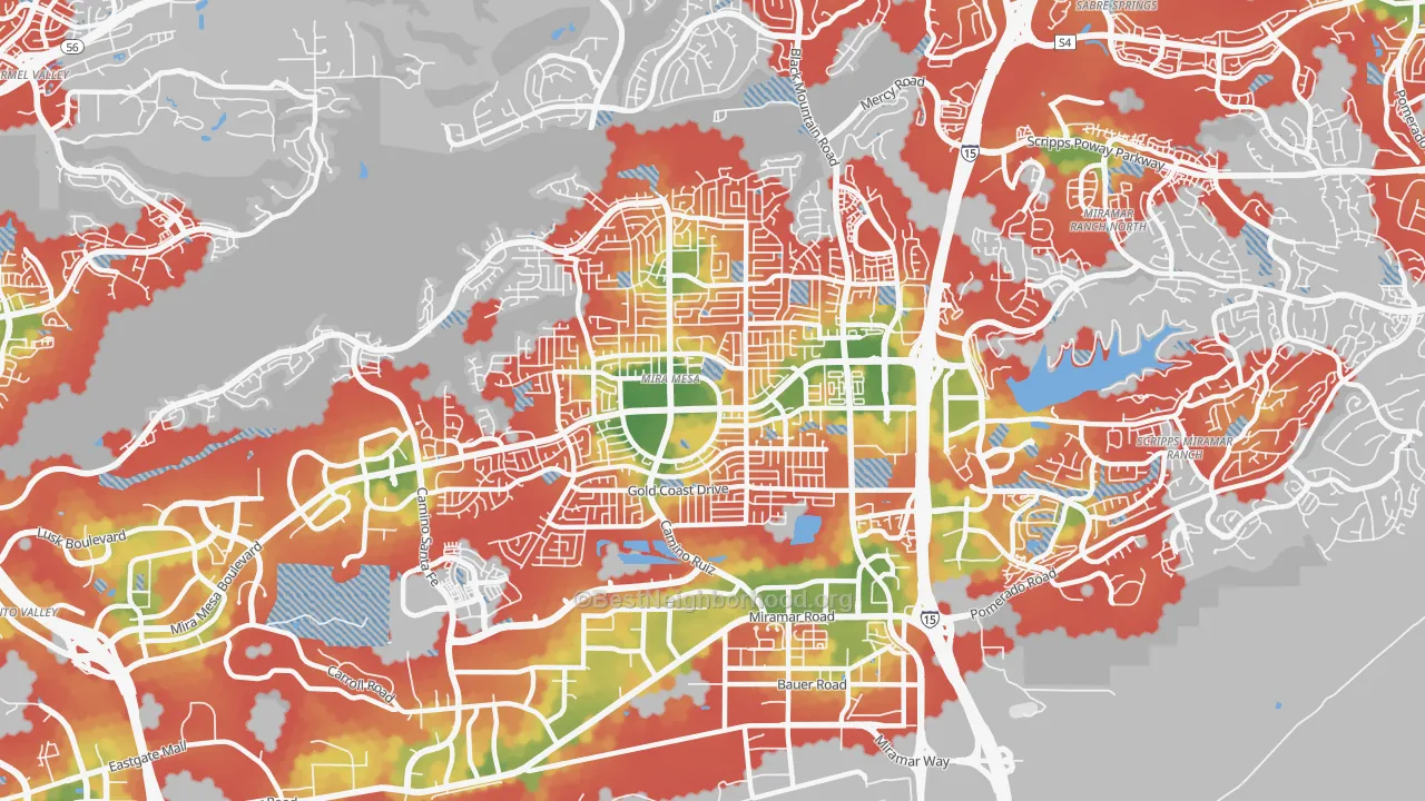 Walk Grade map of 92126, CA, walkable areas in green and car-dependent areas in red