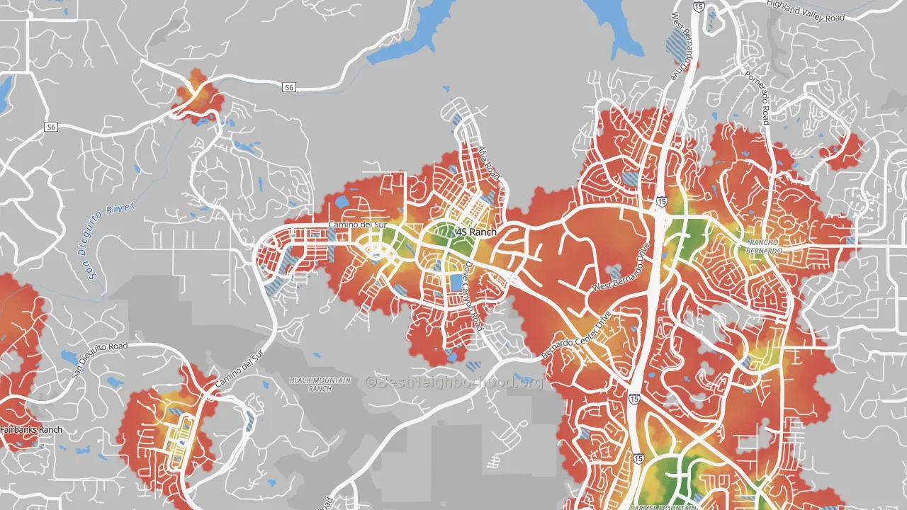 Walk Grade map of 92127, CA, walkable areas in green and car-dependent areas in red