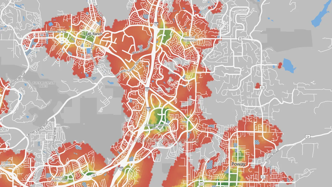Walk Grade map of 92128, CA, walkable areas in green and car-dependent areas in red