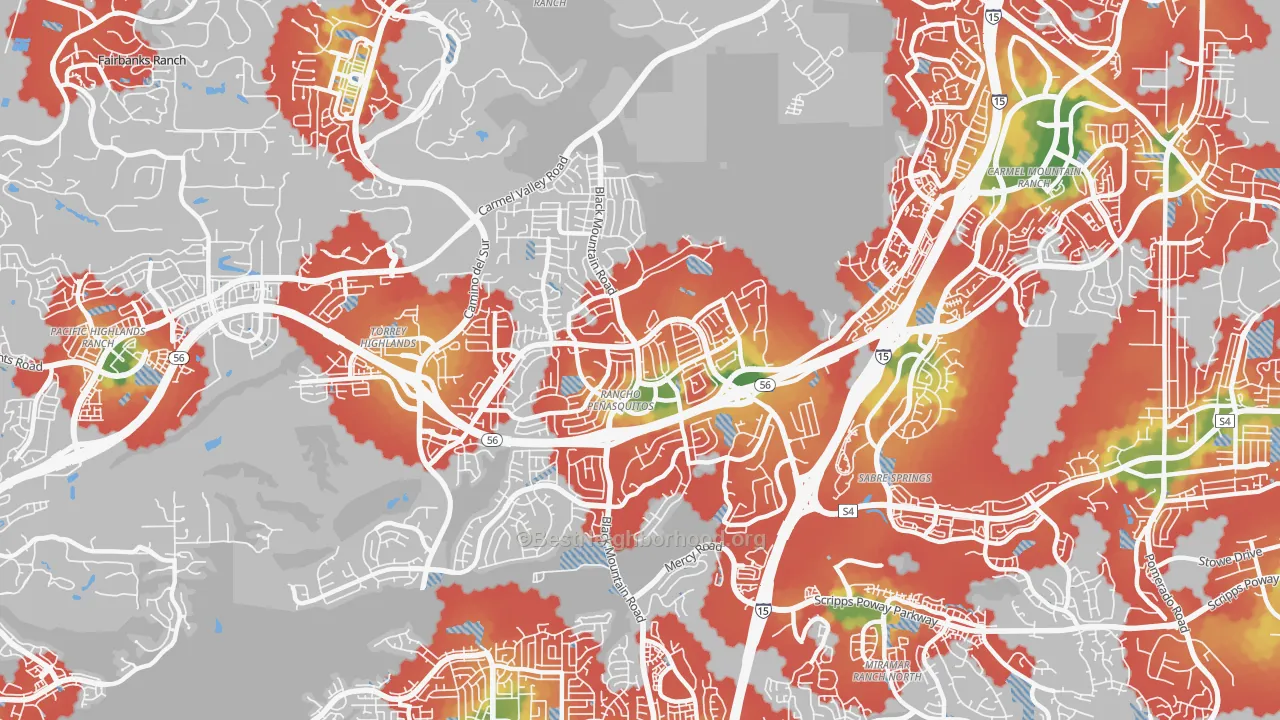 Walk Grade map of 92129, CA, walkable areas in green and car-dependent areas in red