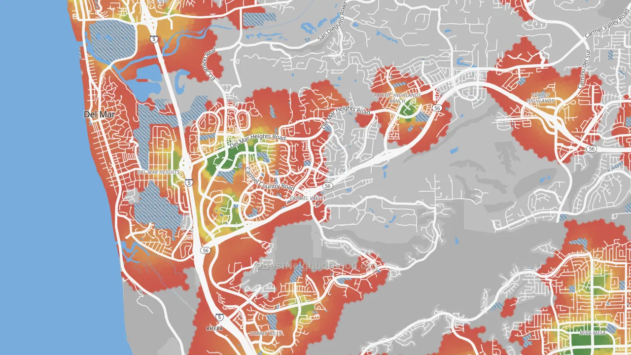 Walk Grade map of 92130, CA, walkable areas in green and car-dependent areas in red