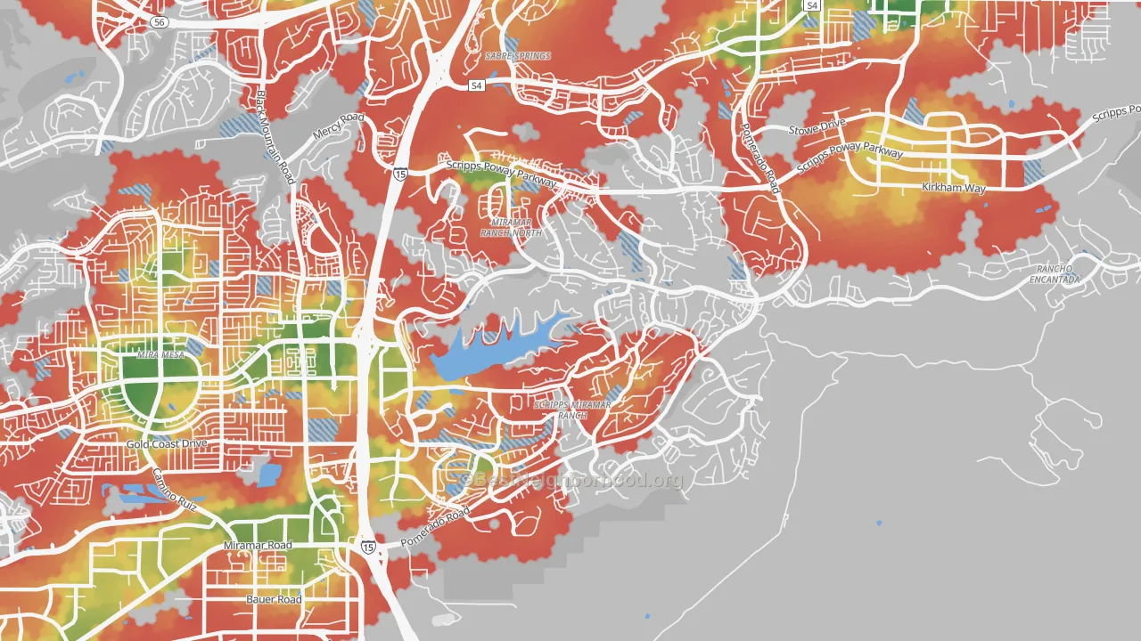 Walk Grade map of 92131, CA, walkable areas in green and car-dependent areas in red