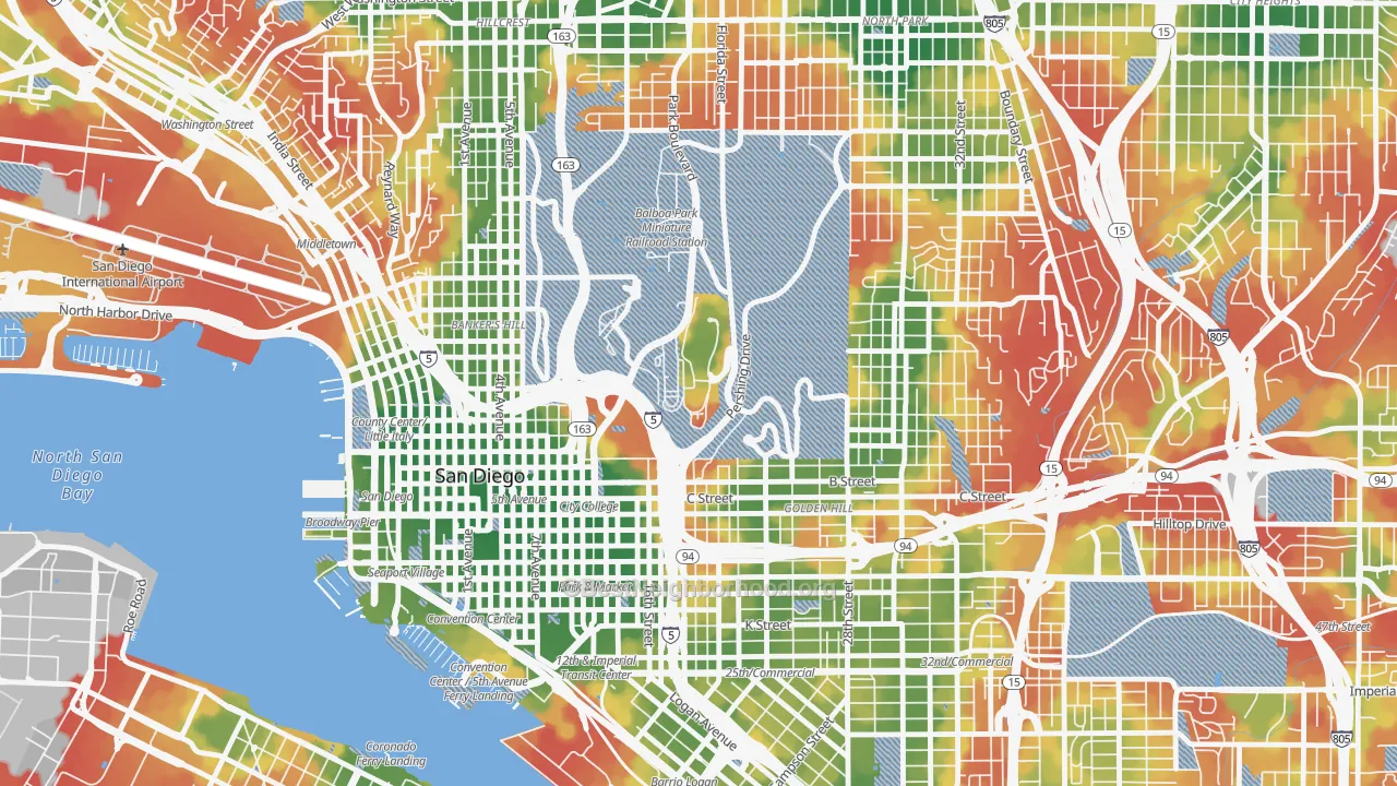 Walk Grade map of 92134, CA, walkable areas in green and car-dependent areas in red