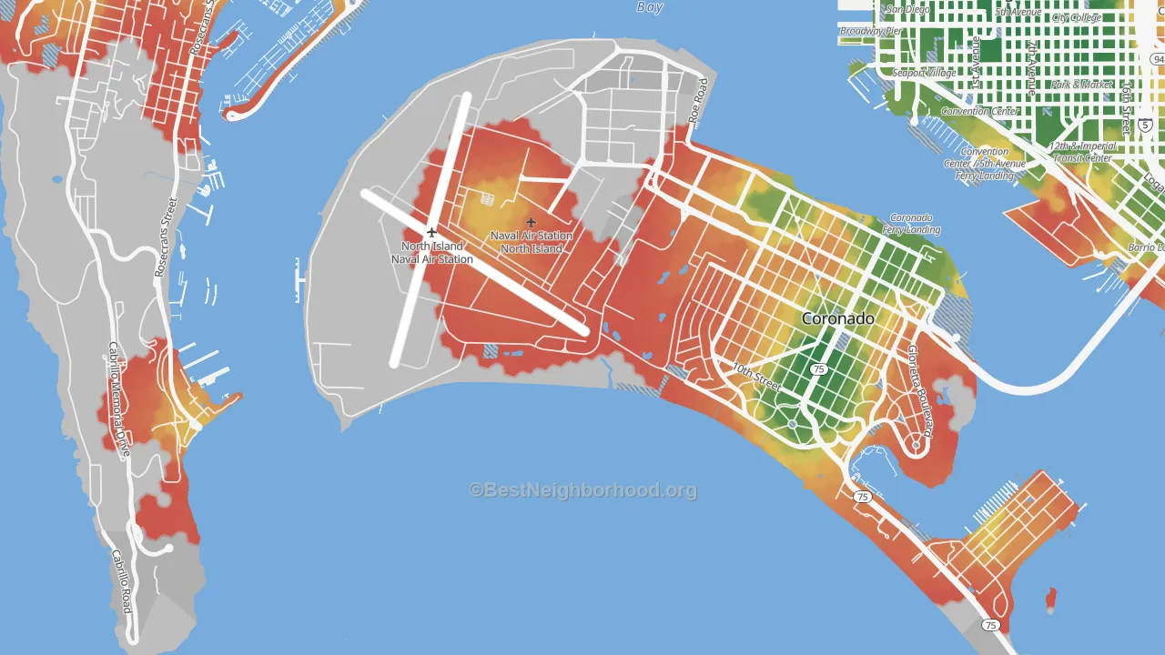 Walk Grade map of 92135, CA, walkable areas in green and car-dependent areas in red