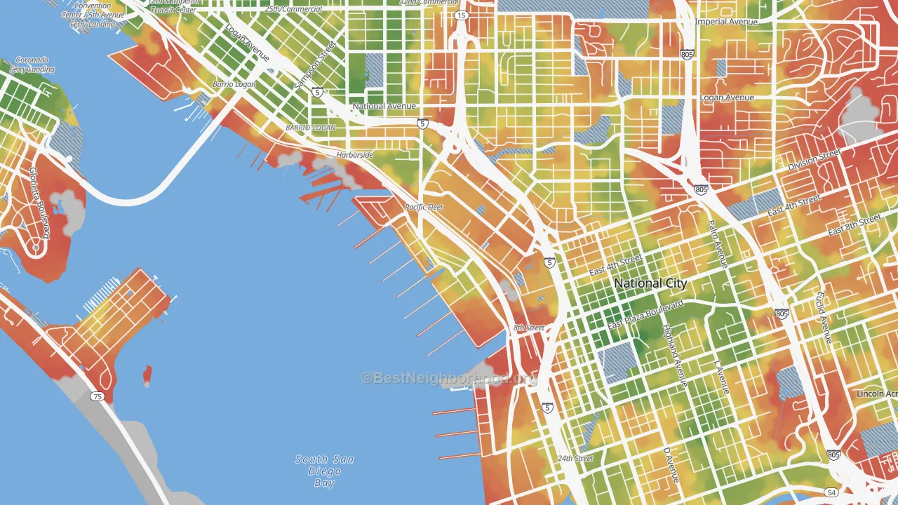 Walk Grade map of 92136, CA, walkable areas in green and car-dependent areas in red