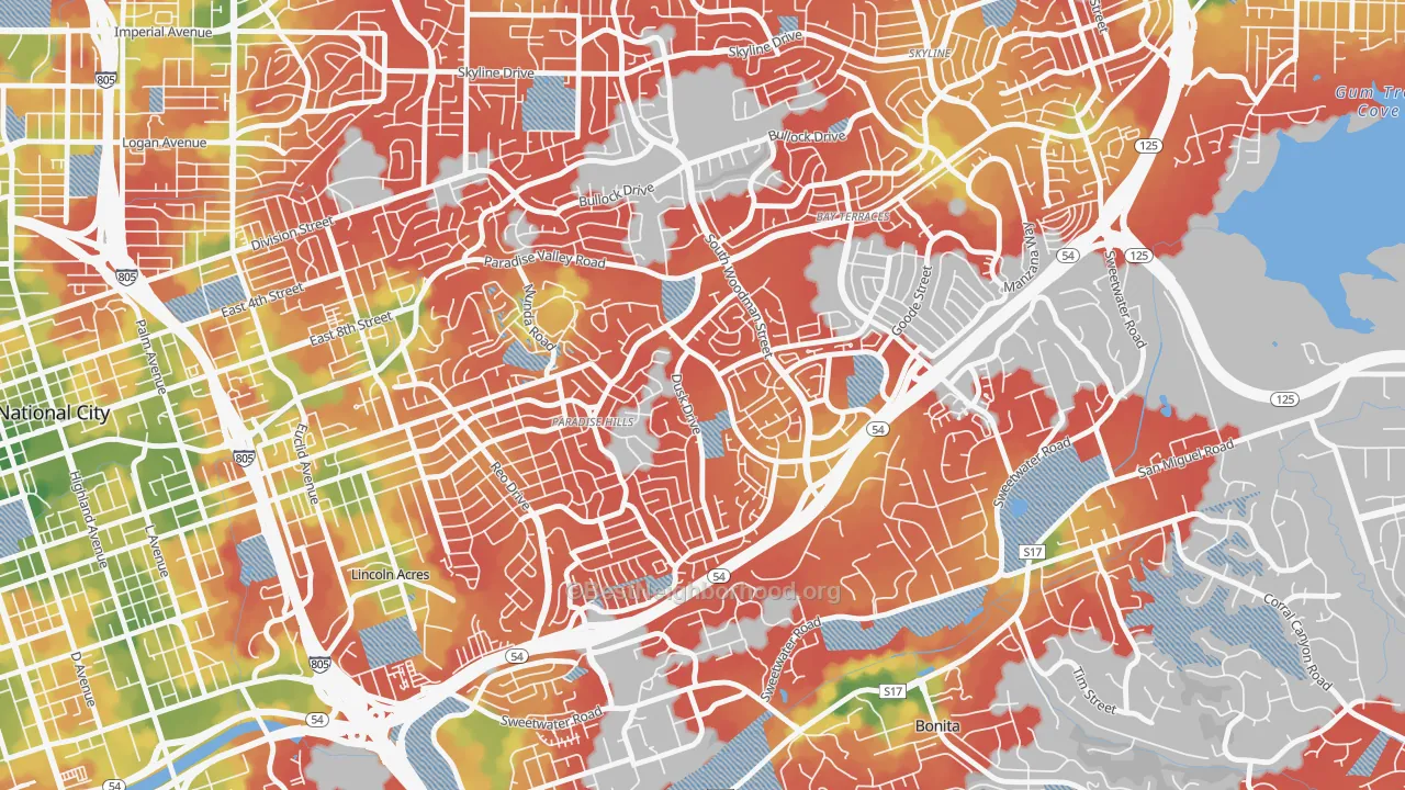 Walk Grade map of 92139, CA, walkable areas in green and car-dependent areas in red