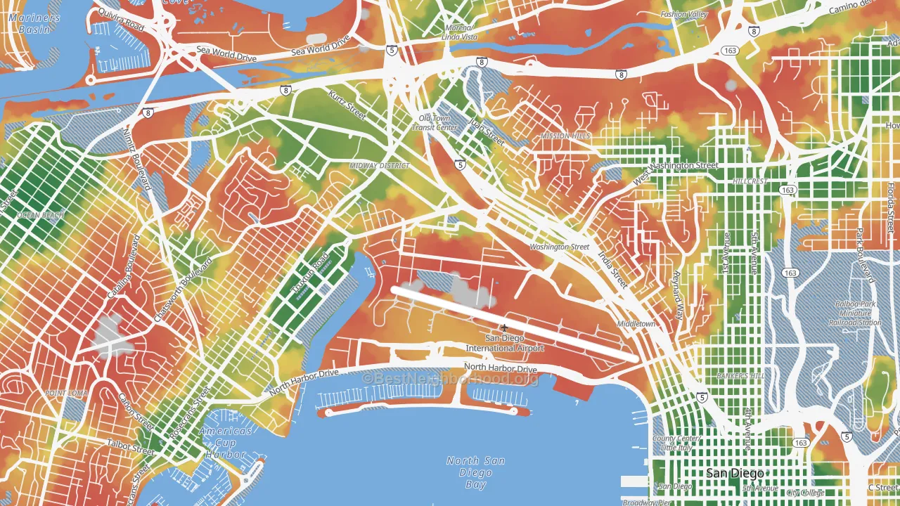 Walk Grade map of 92140, CA, walkable areas in green and car-dependent areas in red