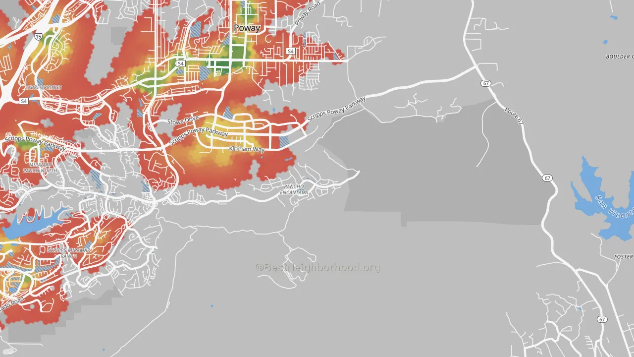 Walk Grade map of 92145, CA, walkable areas in green and car-dependent areas in red