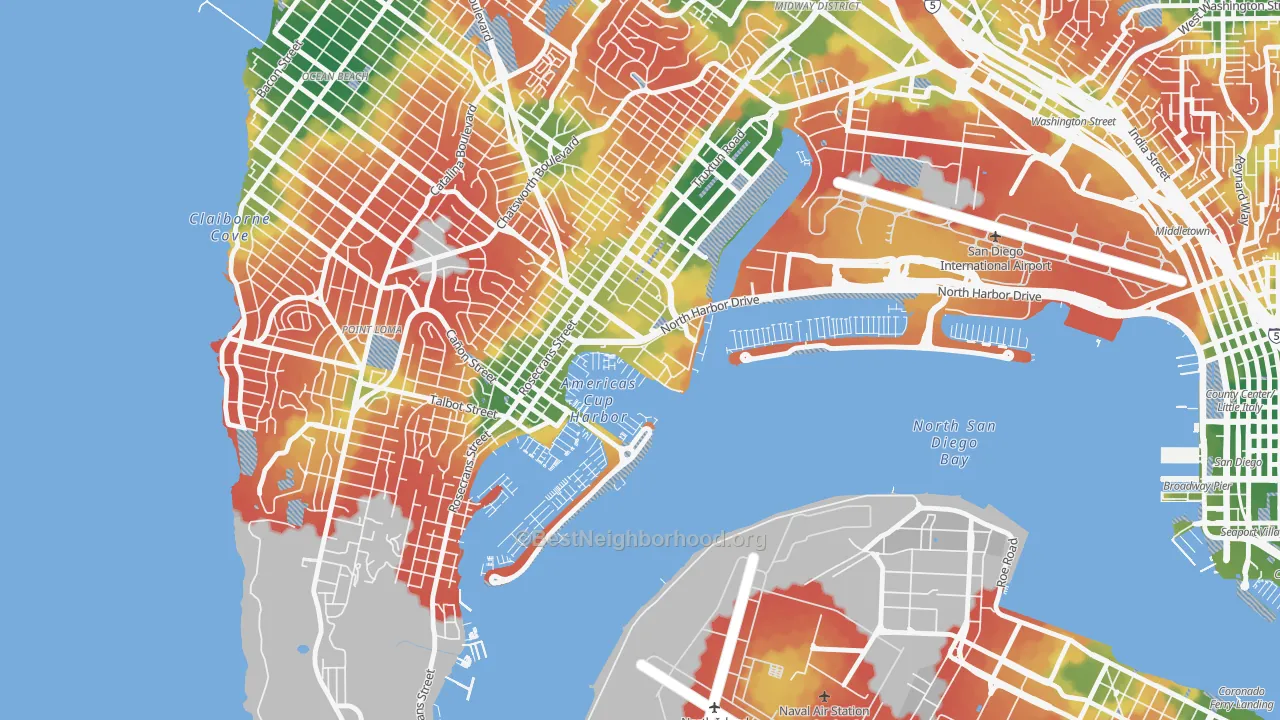 Walk Grade map of 92147, CA, walkable areas in green and car-dependent areas in red
