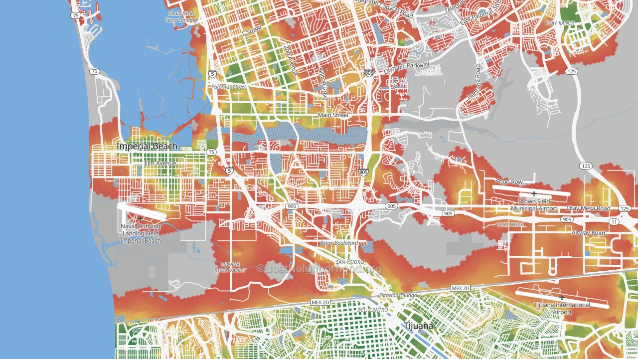 Walk Grade map of 92154, CA, walkable areas in green and car-dependent areas in red