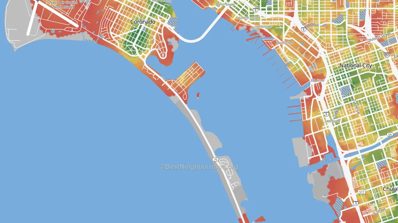 Walk Grade map of 92155, CA, walkable areas in green and car-dependent areas in red