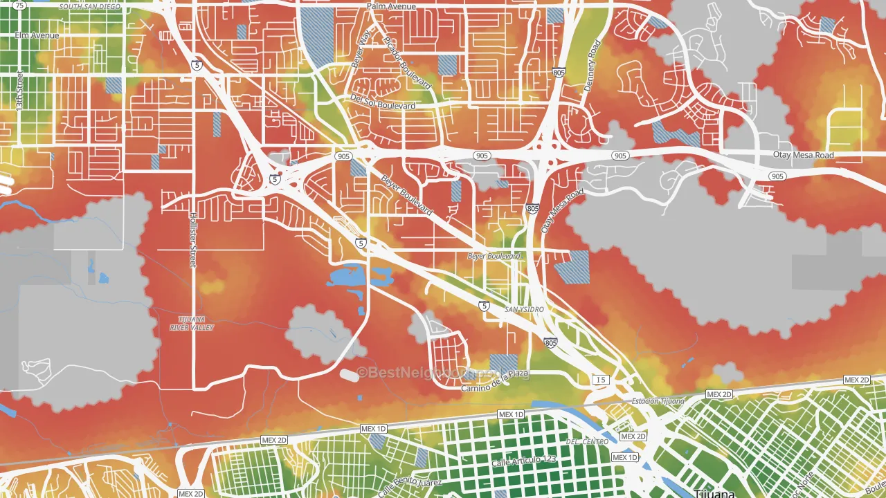 Walk Grade map of 92173, CA, walkable areas in green and car-dependent areas in red