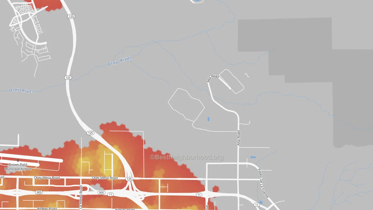 Walk Grade map of 92179, CA, walkable areas in green and car-dependent areas in red