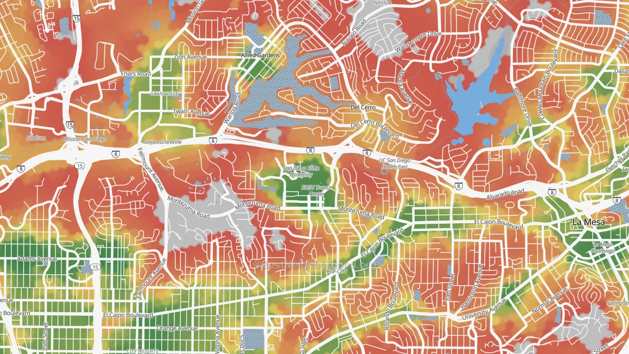 Walk Grade map of 92182, CA, walkable areas in green and car-dependent areas in red