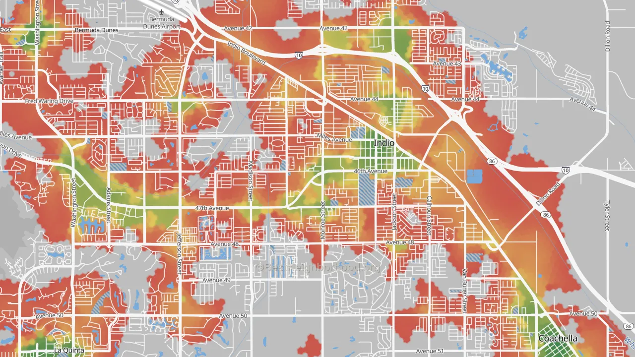 Walk Grade map of 92201, CA, walkable areas in green and car-dependent areas in red