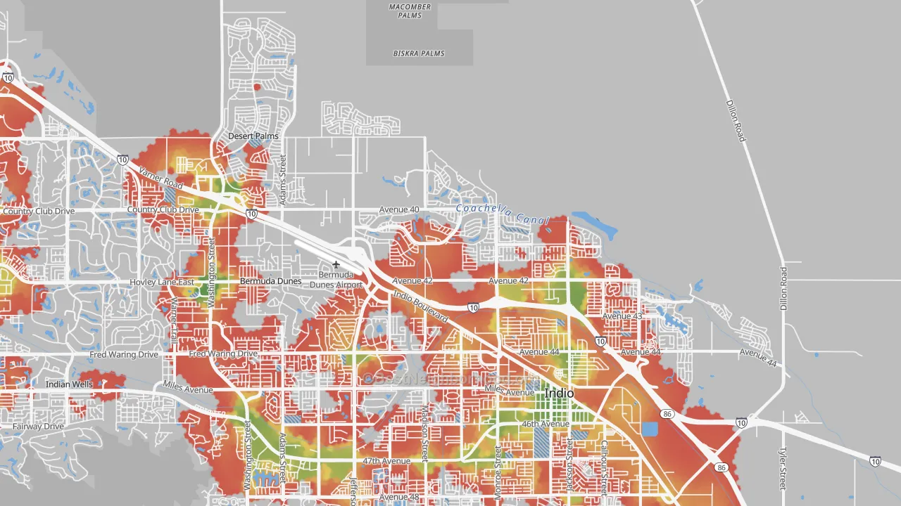 Walk Grade map of 92203, CA, walkable areas in green and car-dependent areas in red