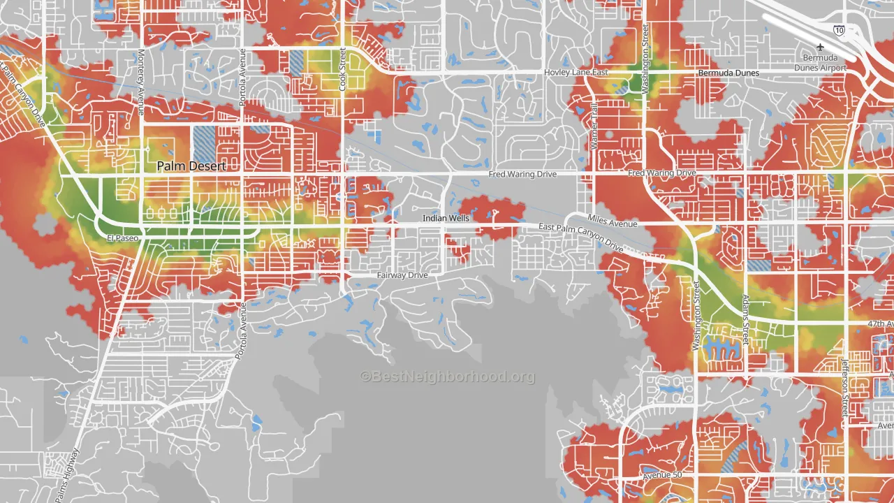 Walk Grade map of 92210, CA, walkable areas in green and car-dependent areas in red