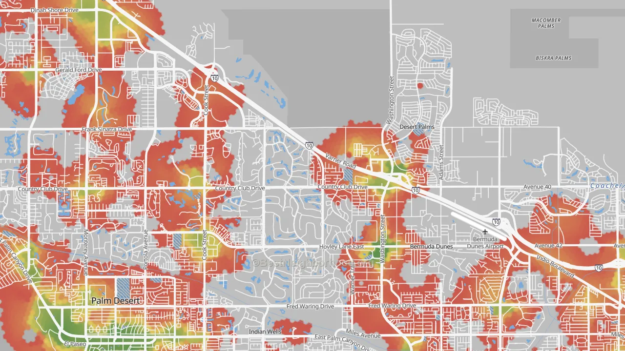 Walk Grade map of 92211, CA, walkable areas in green and car-dependent areas in red