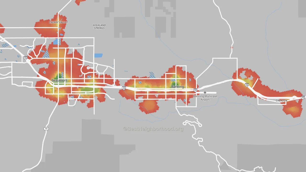 Walk Grade map of 92220, CA, walkable areas in green and car-dependent areas in red