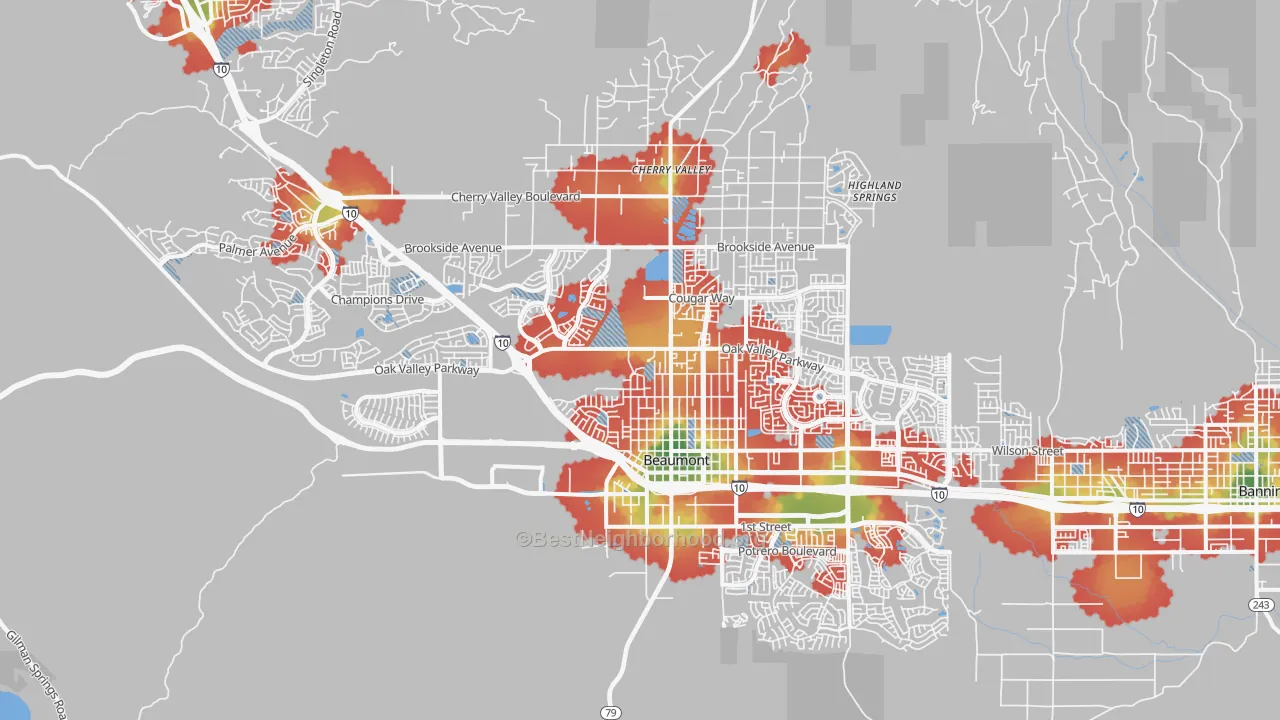 Walk Grade map of 92223, CA, walkable areas in green and car-dependent areas in red