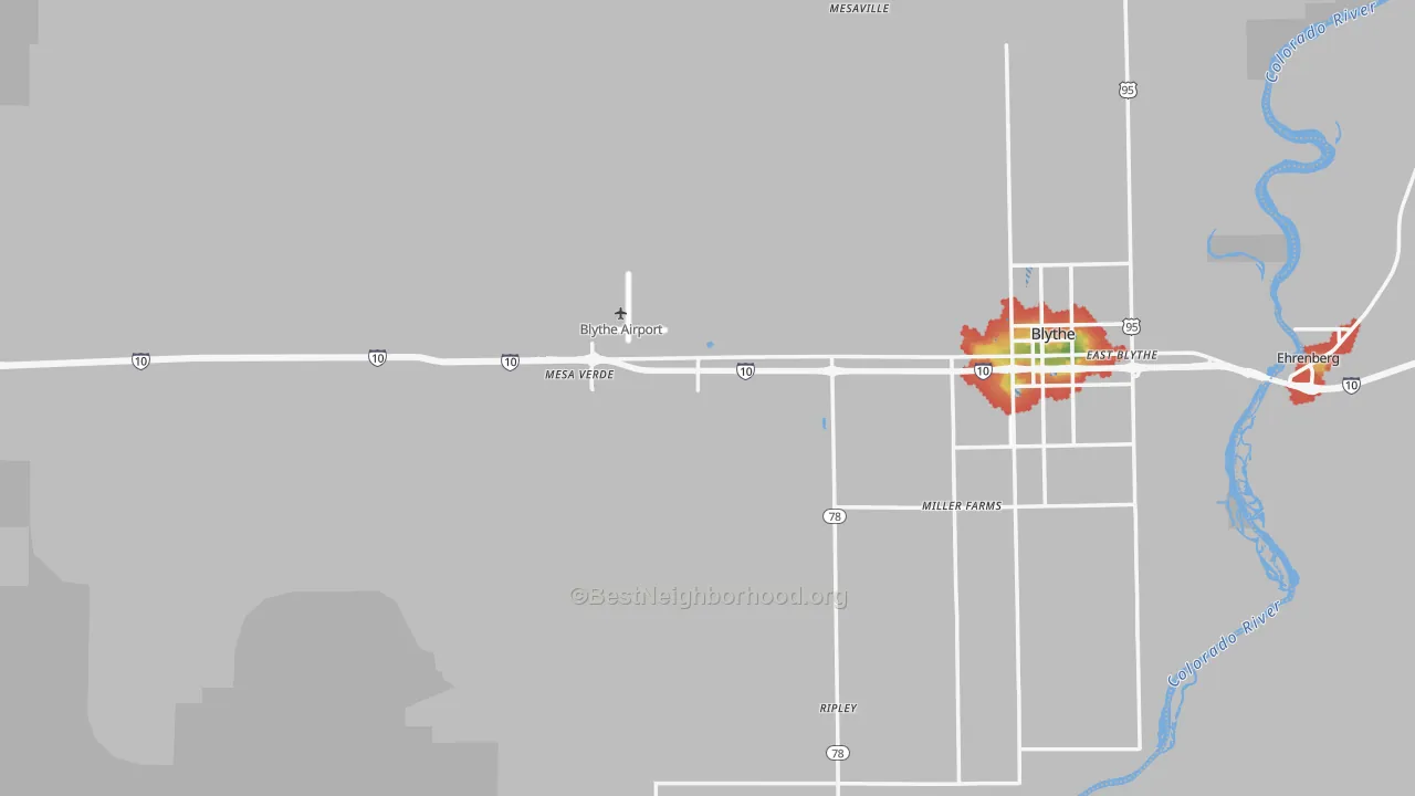 Walk Grade map of 92225, CA, walkable areas in green and car-dependent areas in red