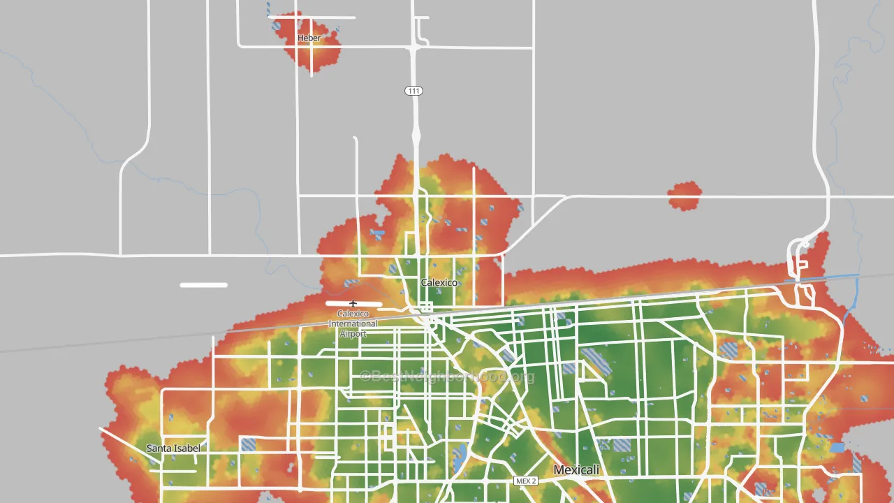 Walk Grade map of 92231, CA, walkable areas in green and car-dependent areas in red