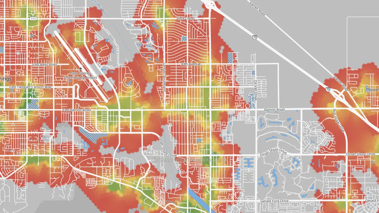 Walk Grade map of 92234, CA, walkable areas in green and car-dependent areas in red