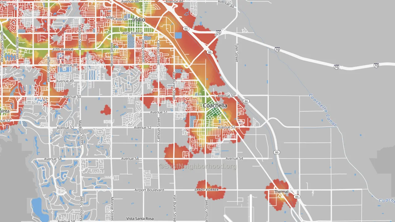 Walk Grade map of 92236, CA, walkable areas in green and car-dependent areas in red