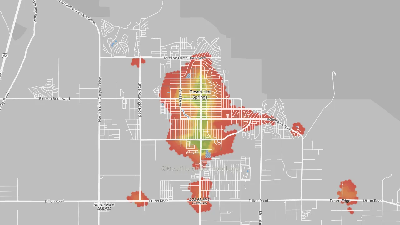 Walk Grade map of 92240, CA, walkable areas in green and car-dependent areas in red