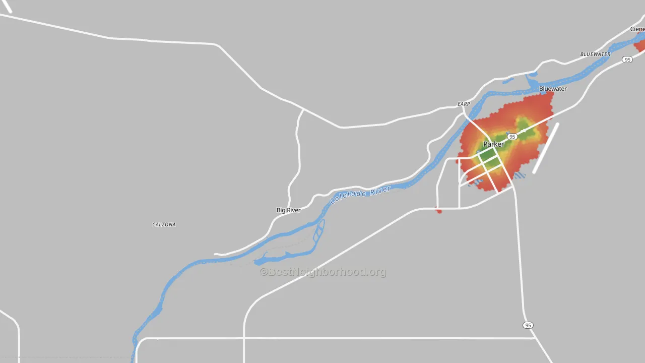 Walk Grade map of 92242, CA, walkable areas in green and car-dependent areas in red