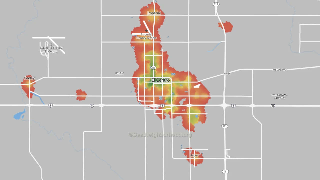 Walk Grade map of 92243, CA, walkable areas in green and car-dependent areas in red