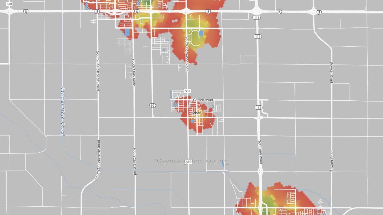 Walk Grade map of 92249, CA, walkable areas in green and car-dependent areas in red