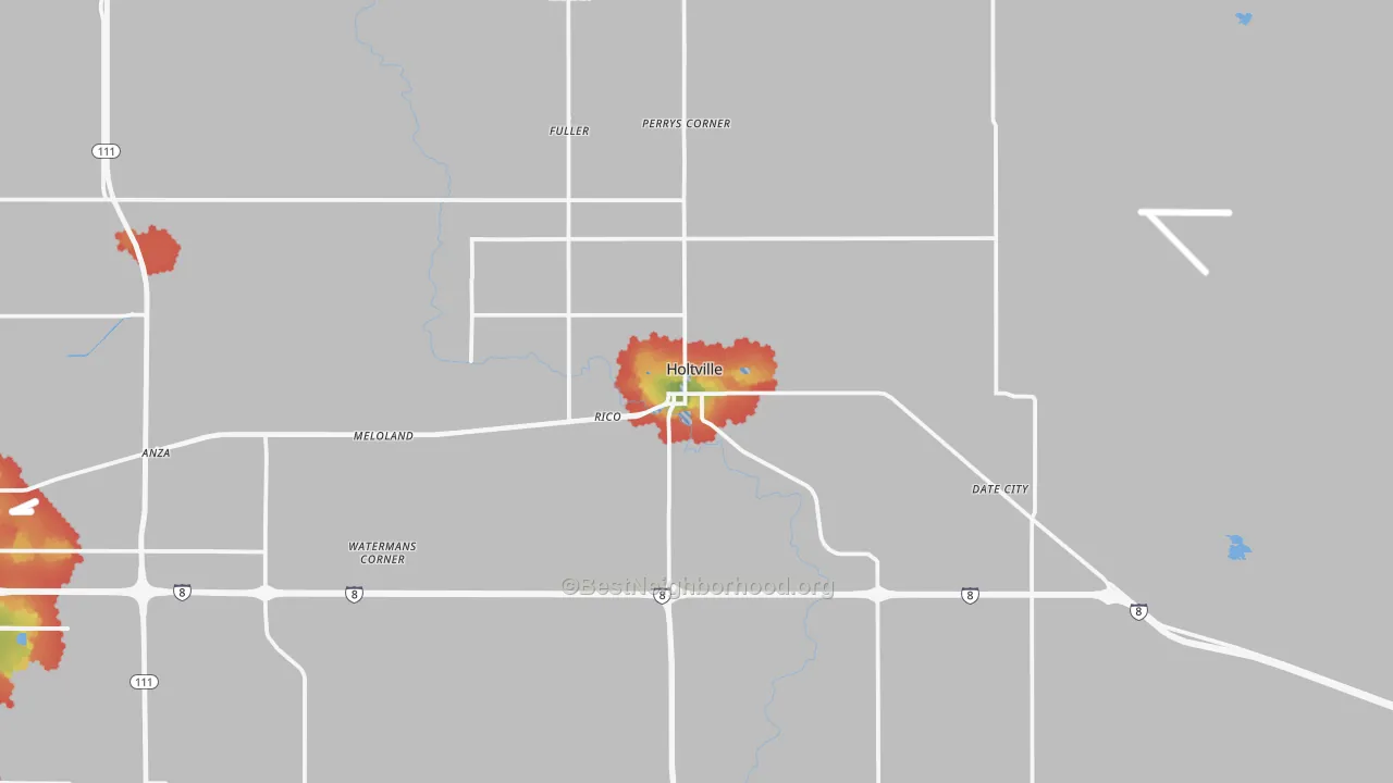 Walk Grade map of 92250, CA, walkable areas in green and car-dependent areas in red