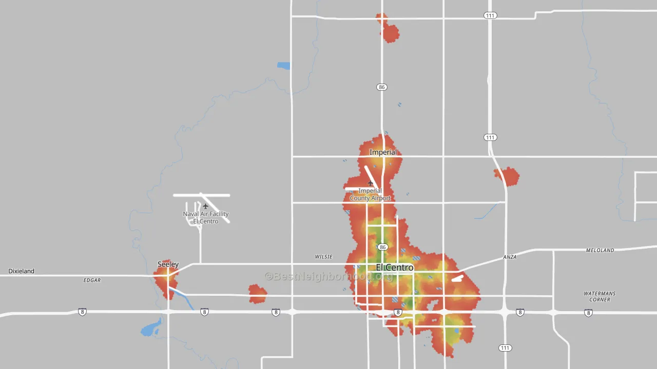 Walk Grade map of 92251, CA, walkable areas in green and car-dependent areas in red