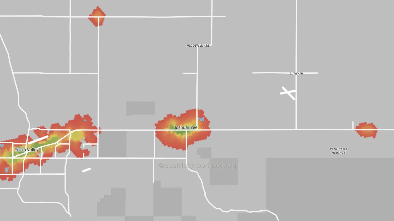 Walk Grade map of 92252, CA, walkable areas in green and car-dependent areas in red