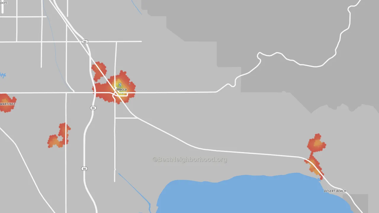 Walk Grade map of 92254, CA, walkable areas in green and car-dependent areas in red